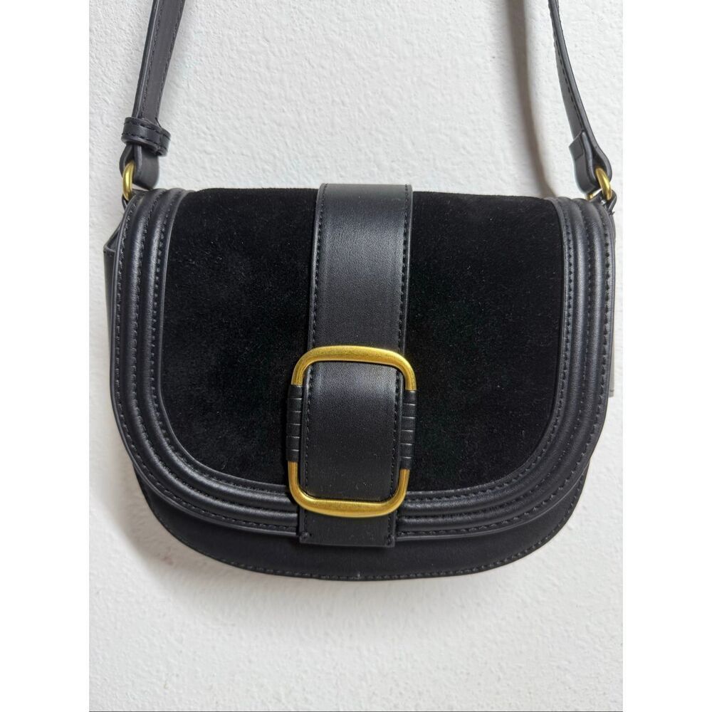 MANGO Black Solid Faux Suede Finish Buckle Detail Half Moon Sling Crossbody Bag